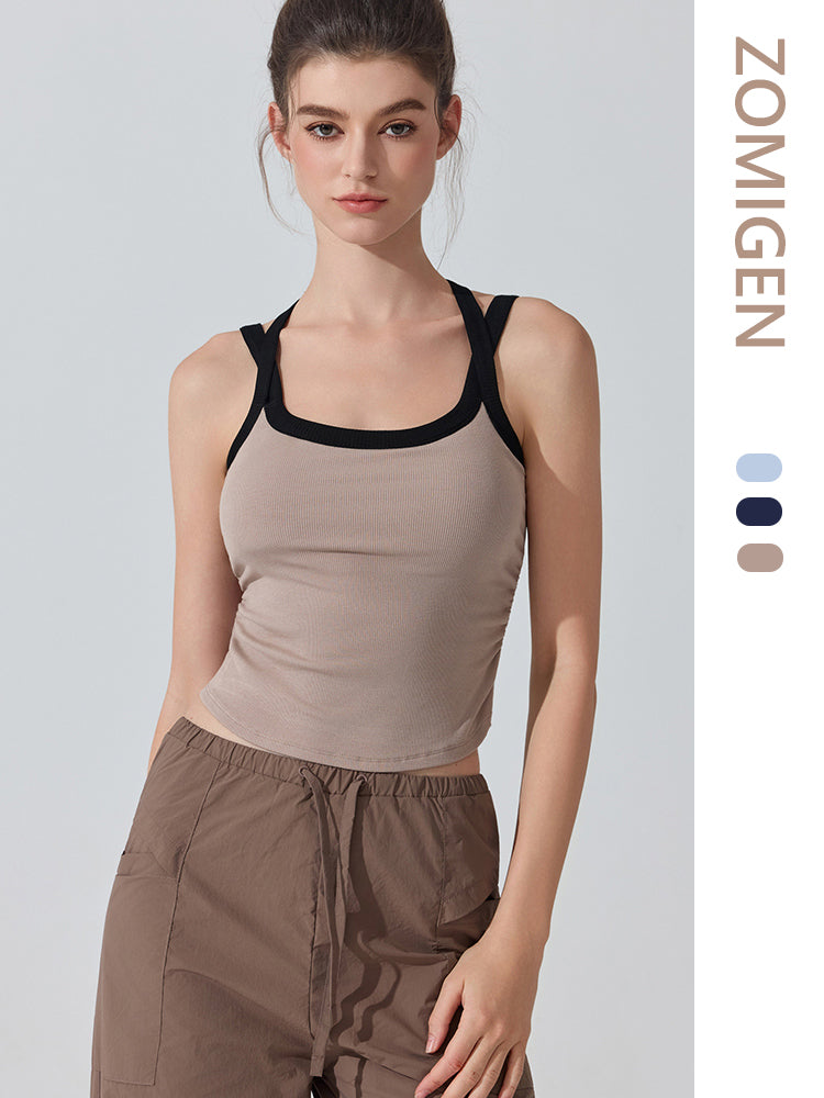 ZOMIGEN｜クロスストラップ配色 パット付きヨガタンクトップ – ZOMIGEN